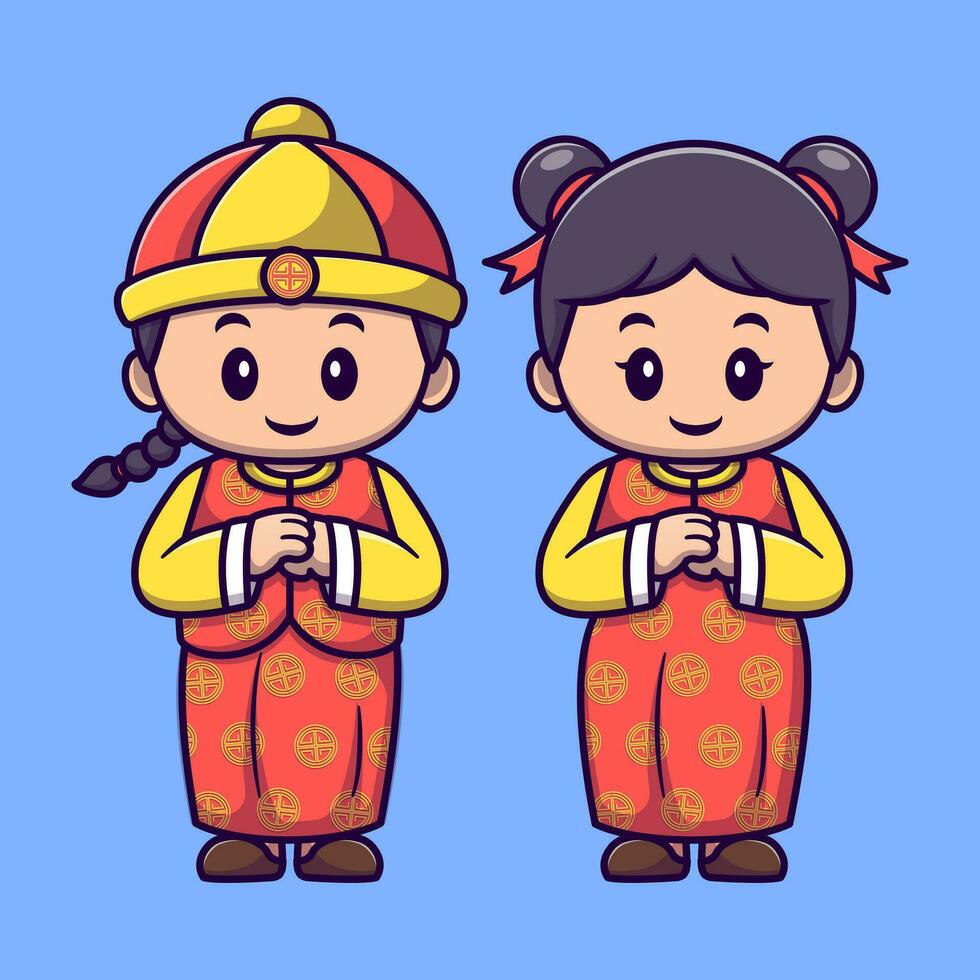 Cute chinese girl and boy in traditional dress country cartoon vector icon illustration