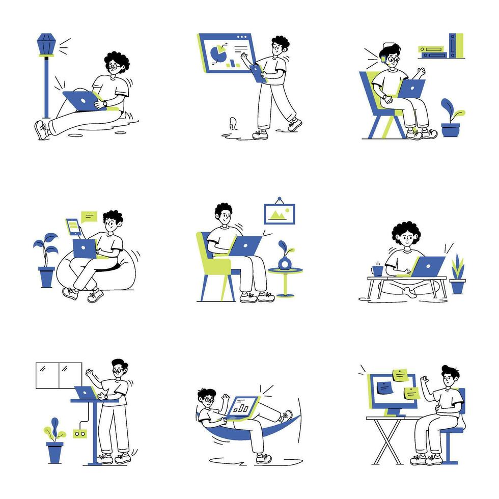 Pack of Remote Employees Linear Illustrations vector