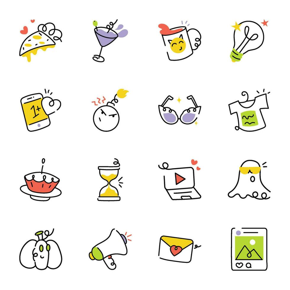 paquete de comida y medios de comunicación mano dibujado íconos vector
