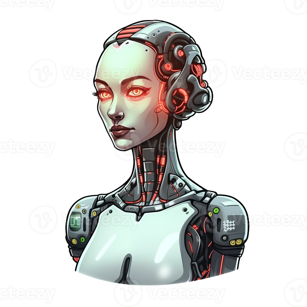 weiblich Cyborg, Porträt auf transparent Hintergrund, ai generiert, Digital Illustration. png