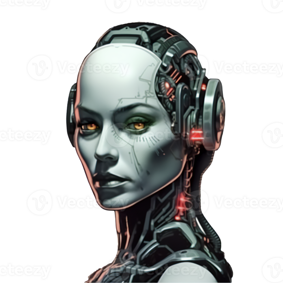 female cyborg, portrait on transparent background, , digital illustration. png