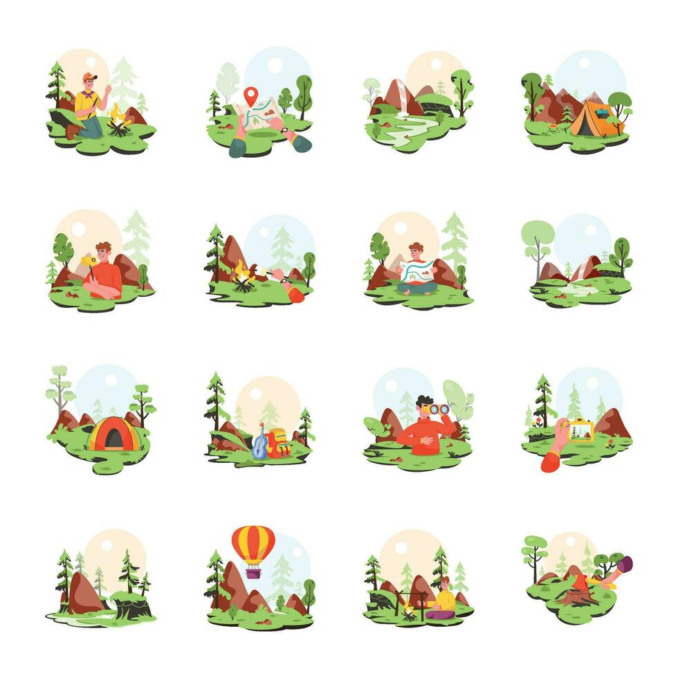 paquete de bosque cámping plano ilustraciones vector