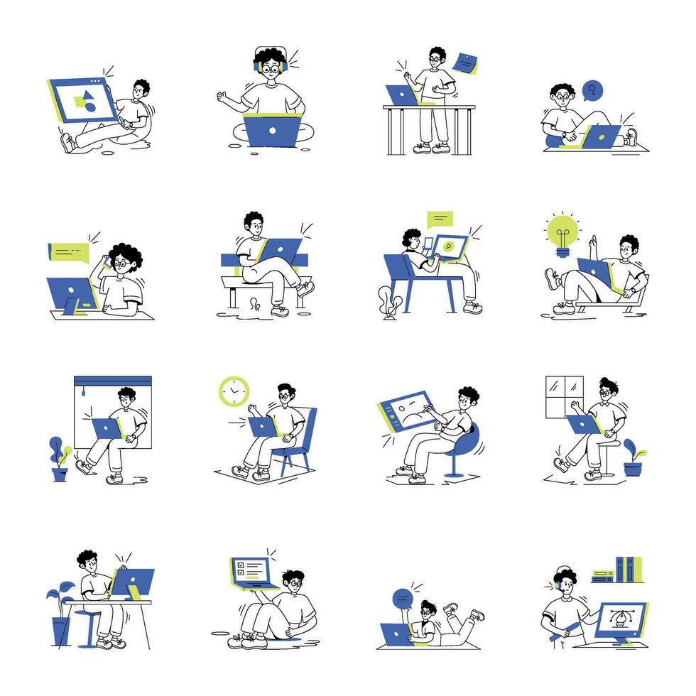 Set of Remote Workers Linear Illustrations vector
