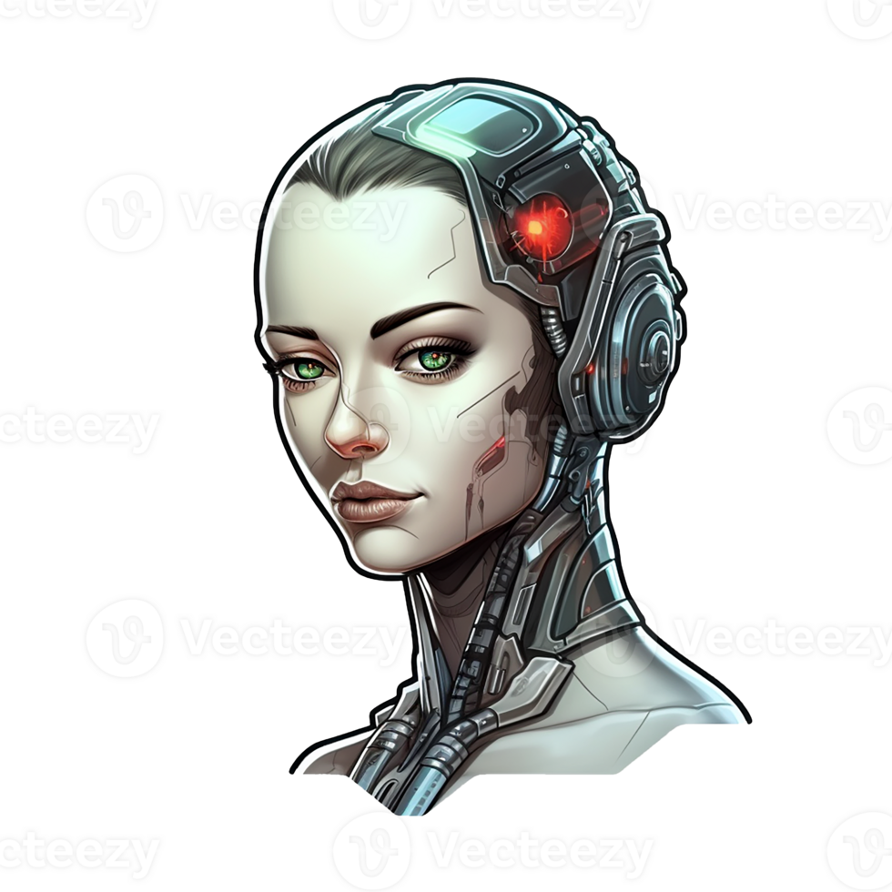 female cyborg, portrait on transparent background, ai generated, digital illustration. png