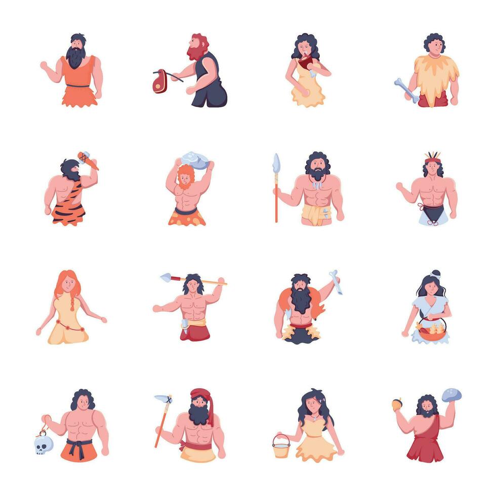 Bundle of Prehistoric Persons Flat Icons vector