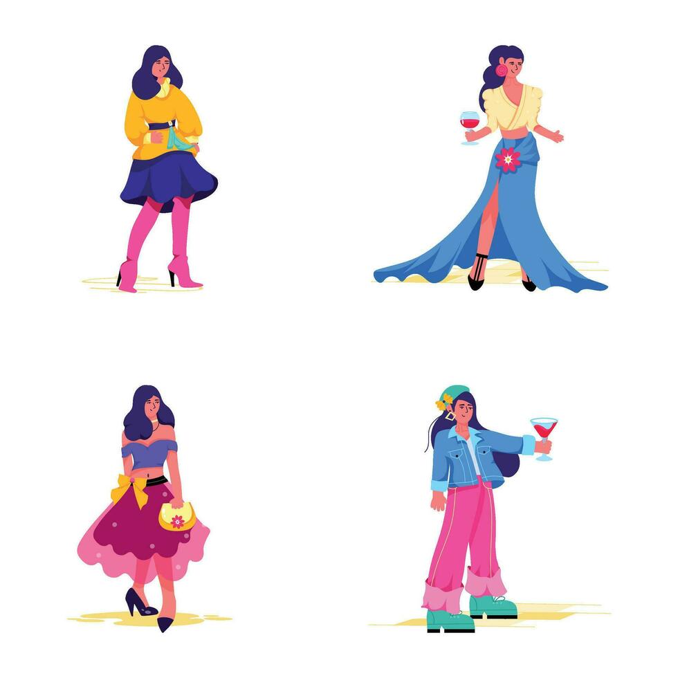 Trendy Set of Fashion Outfits Flat Illustrations vector