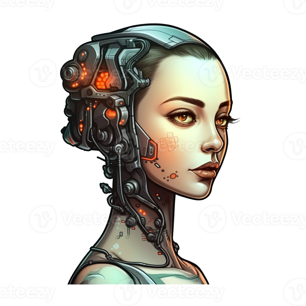 female cyborg, portrait on transparent background, ai generated, digital illustration. png