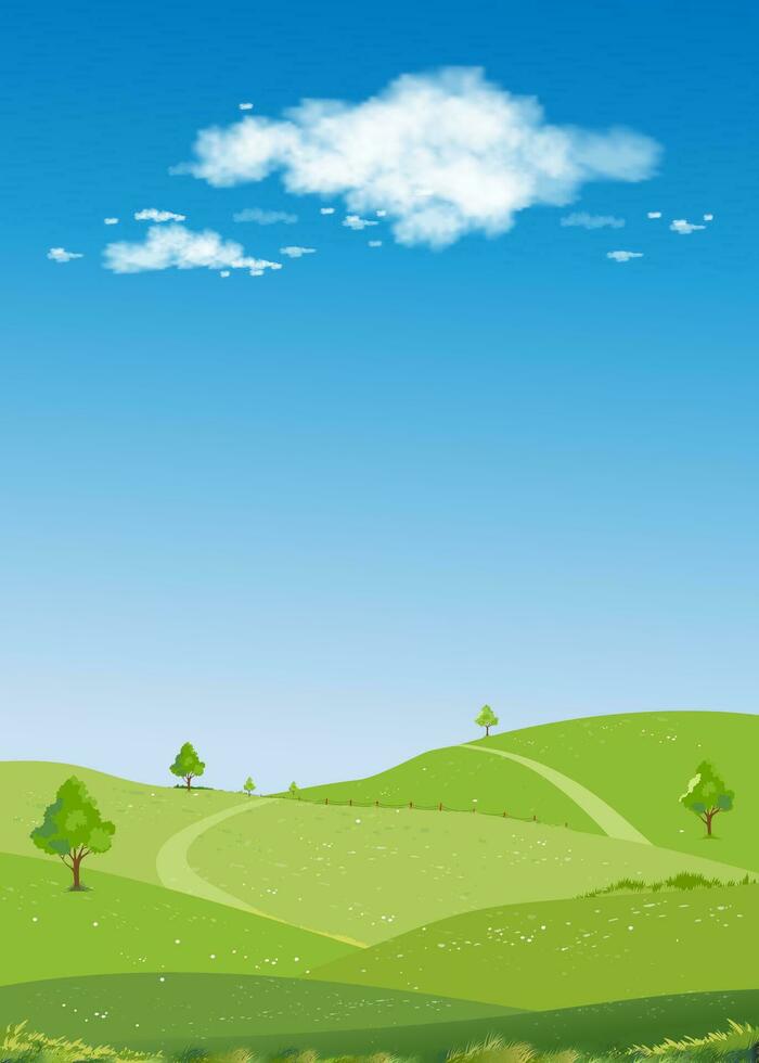 Spring Landscape Green fields,Mountain,Blue Sky and Clouds Background,Vertical peaceful rural nature Sunnyday Summer with grass land.Cartoon Vector illustration for Spring and Summer banner