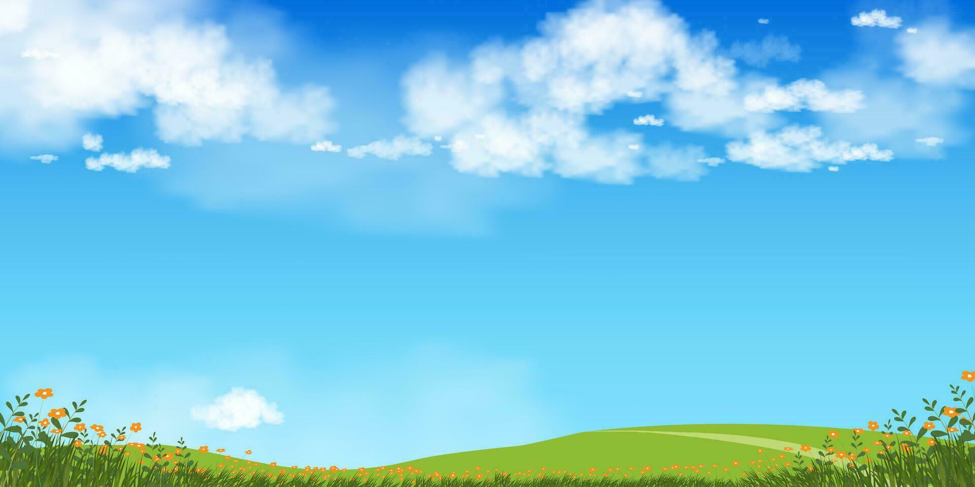 naturaleza primavera campo paisaje, verde campo,nube,verano cielo, natural horizonte rural escena con verde prado y flor en colinas en soleado día,bandera para comensal, ambiente día antecedentes vector