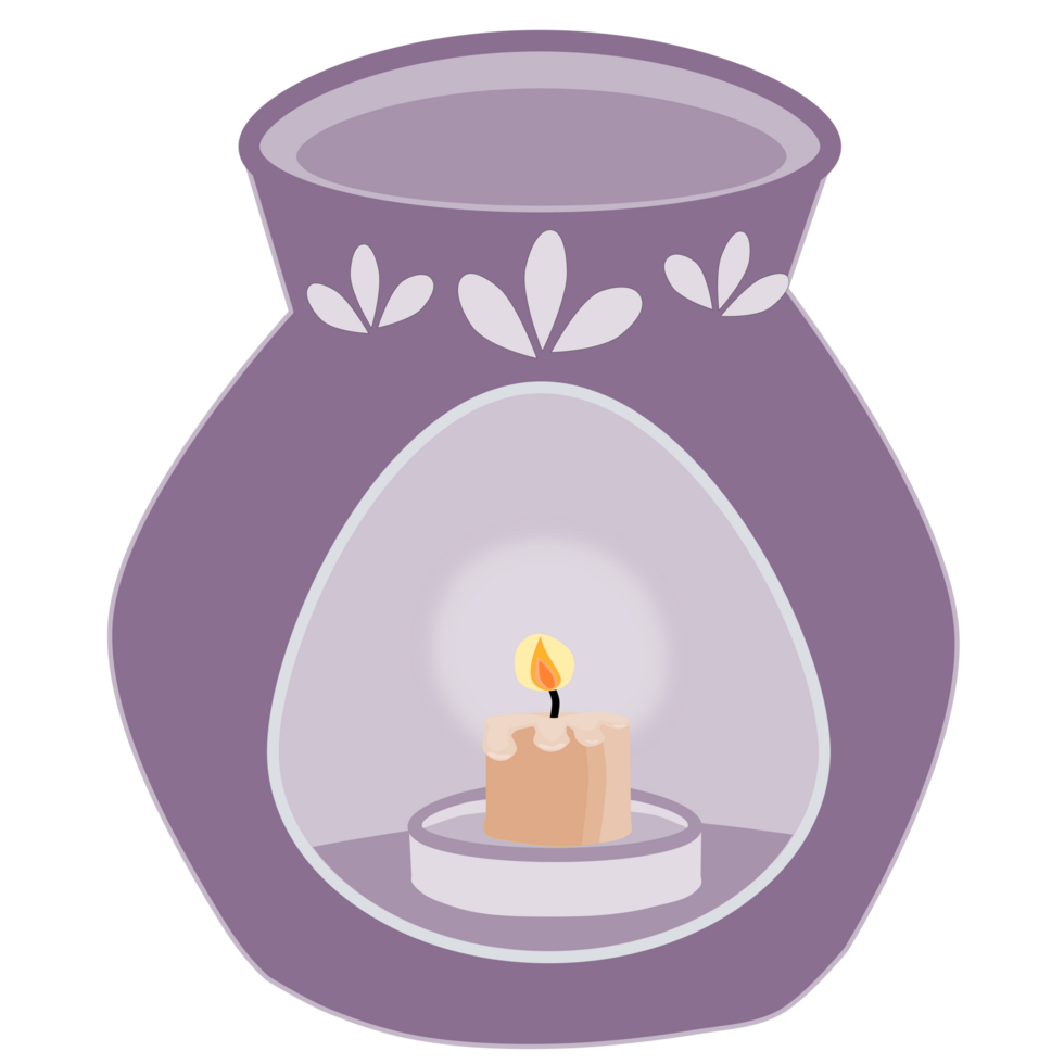 Purple aroma lamp and spa candle. PNG illustration.