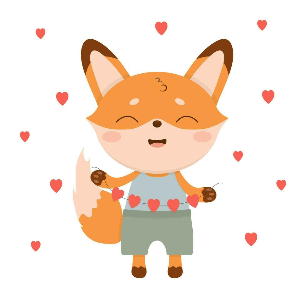 Cute little fox boy, with garlands of hearts. vector