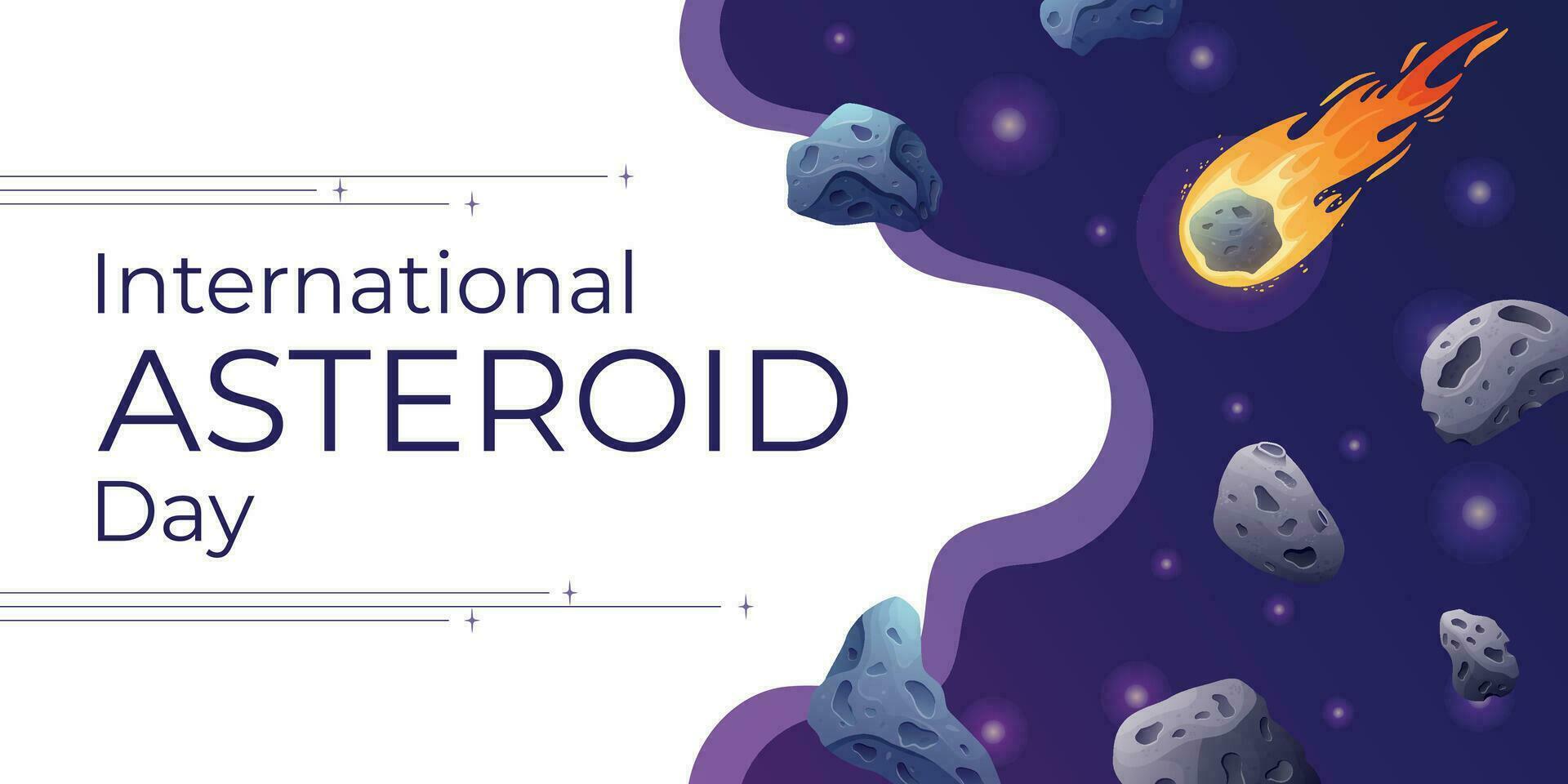 International world holiday Asteroid Day. Space background banner of night starry sky with meteorite with fire. vector