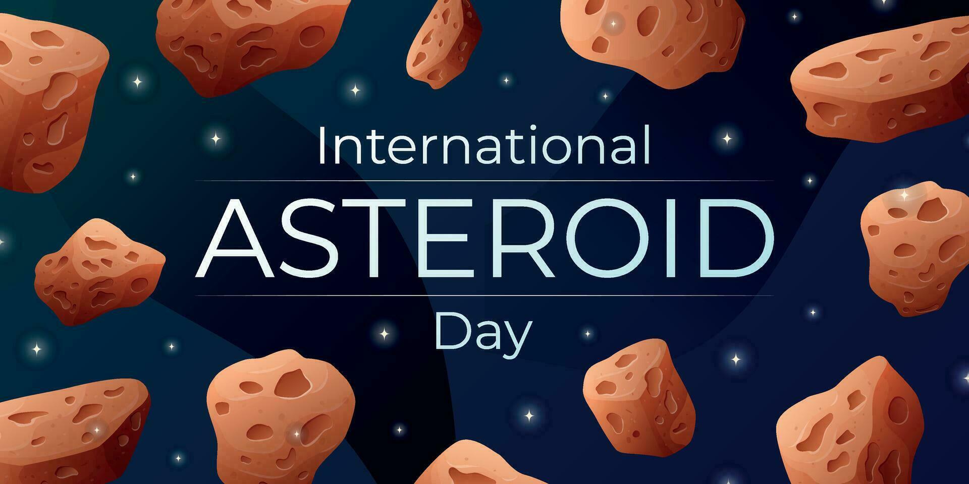 International world holiday Asteroid Day. Space background banner of the night starry sky with flying stone meteorites. vector