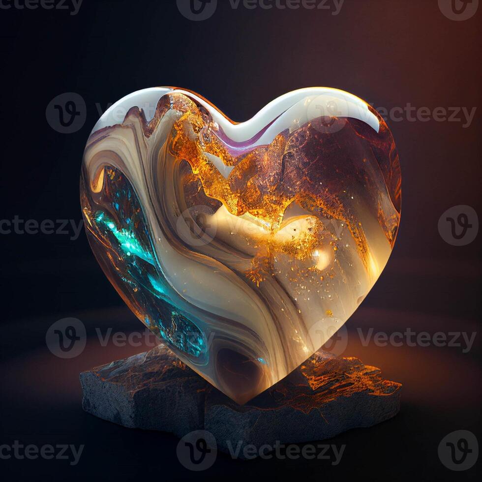 heart shaped glass sculpture sitting on top of a rock. . photo