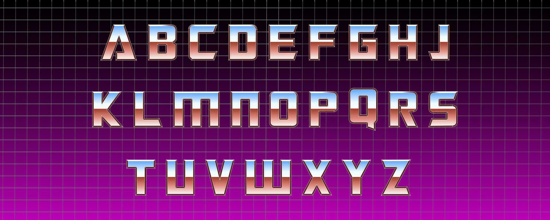 Retro alphabet on grid background. Metallic letters in 80's and 90's style for print and web projects. Graphic elements in retro aesthetic for posters, flyers and banners. Vintage letters collection. vector