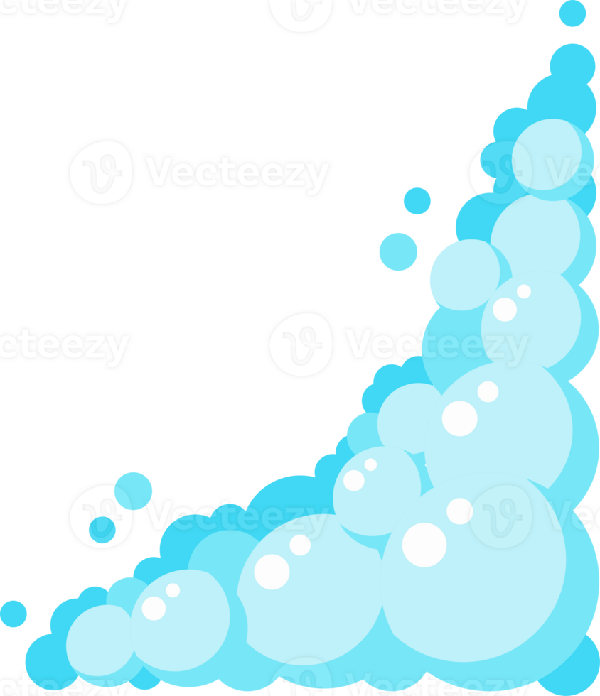 Cartoon soap foam set with bubbles. Light blue suds of bath, shampoo, shaving, mousse. png