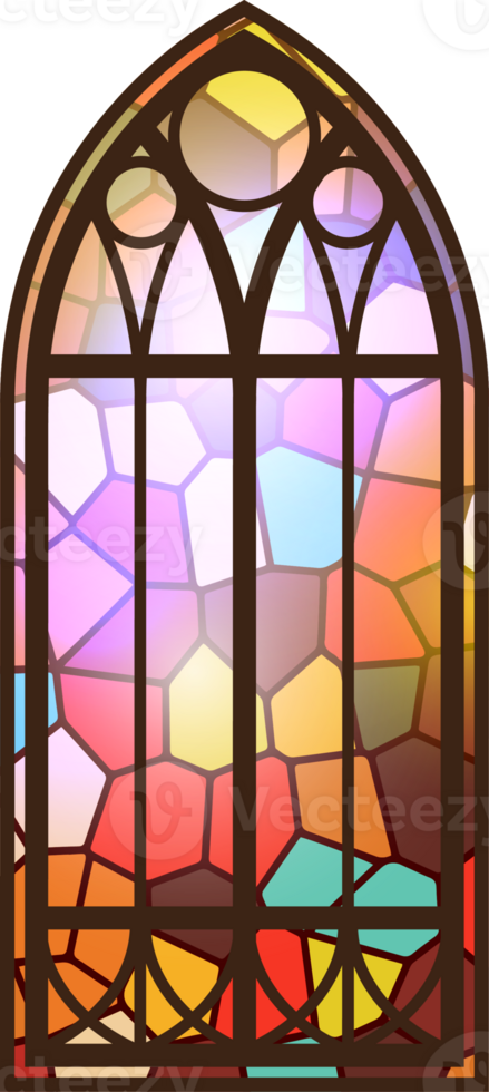 Gothic stained glass window. Church medieval arch. Catholic cathedral mosaic frame. Old architecture design png