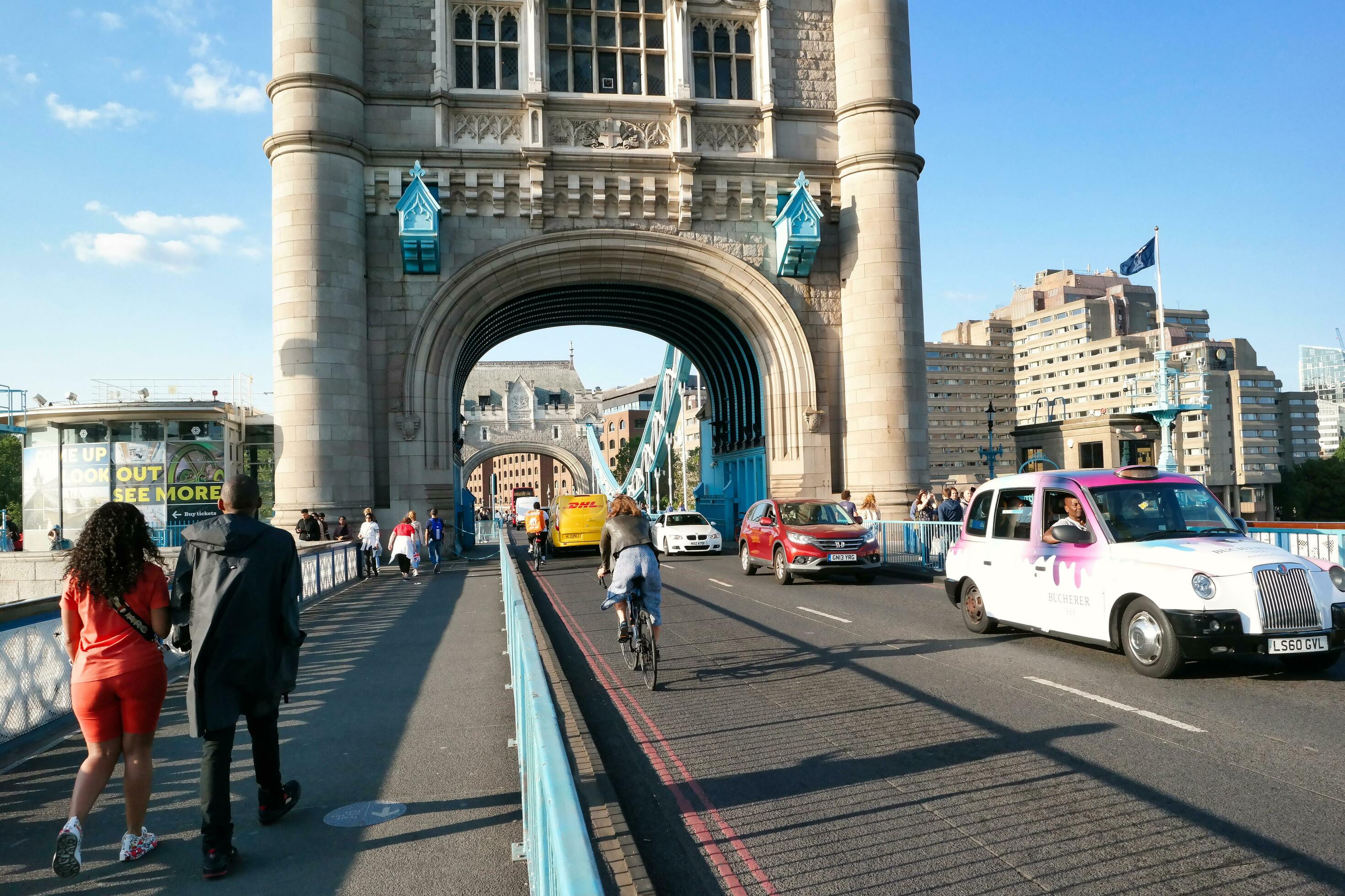 Beautiful Low Angle View of Central London and Road with Traffic and