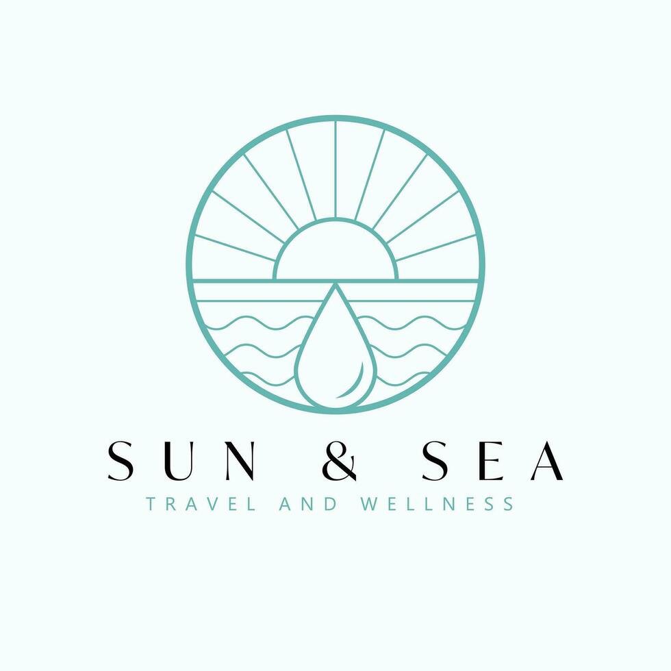 Dom y mar vector logo diseño. puesta de sol o amanecer y Oceano logotipo tropical viaje logo modelo.