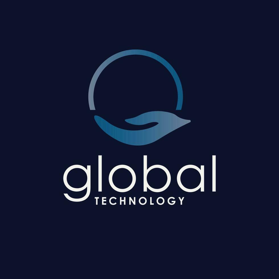 Global technology vector logo design. Globe and hands symbol logotype. Tech logo template with hand.
