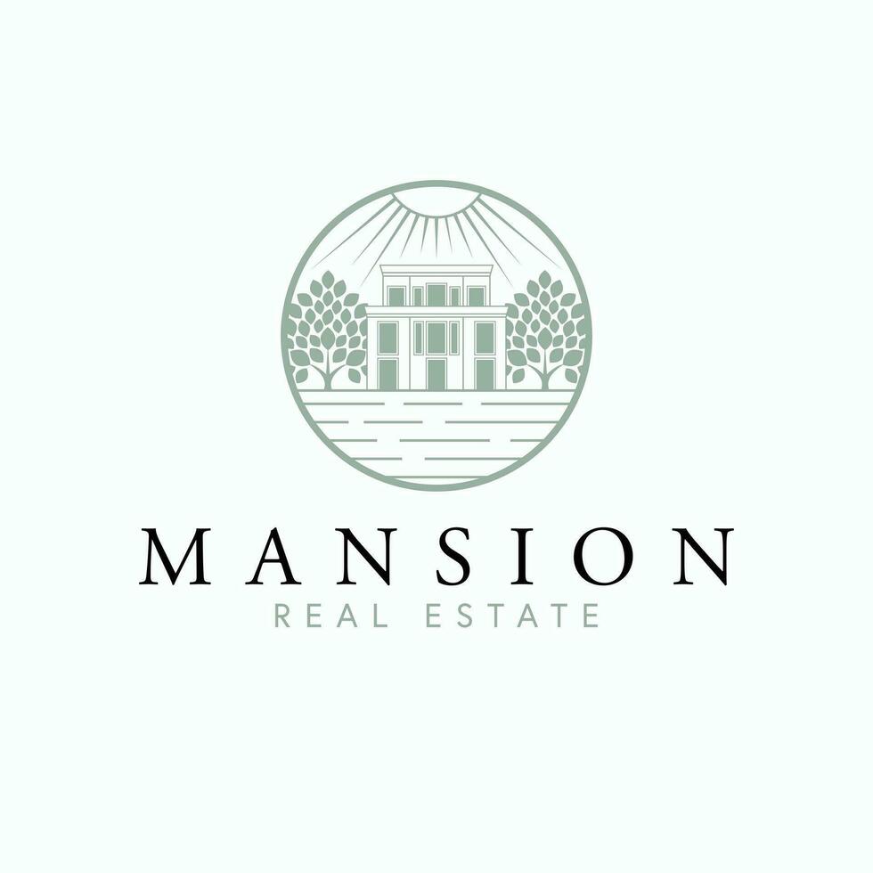 Mansion real estate vector logo design. Modern house and trees abstract logotype. Real estate company logo template.