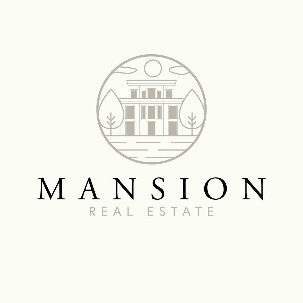 Mansion real estate vector logo design. Modern house and trees abstract logotype. Real estate company logo template.
