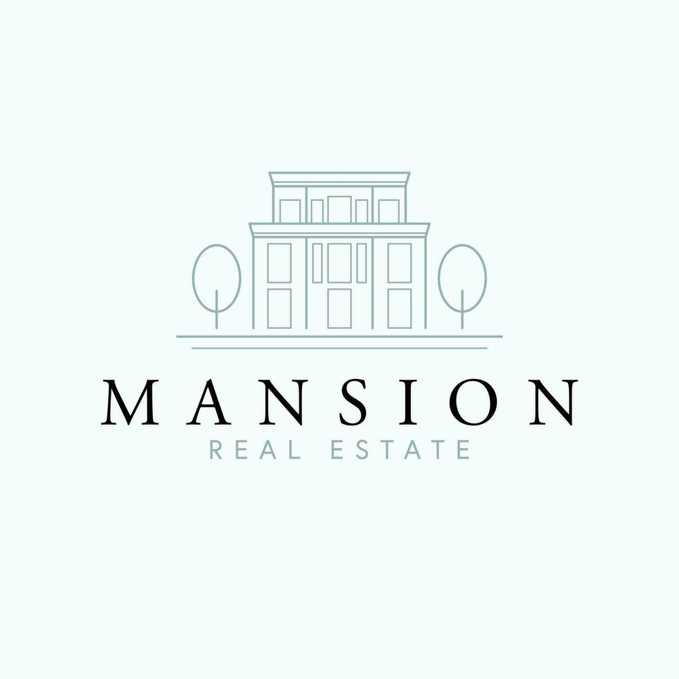 Mansion real estate vector logo design. Modern house and trees abstract logotype. Real estate company logo template.