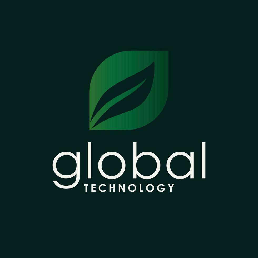 Global technology vector logo design. Leaf symbol logotype. Tech logo template with leaves.