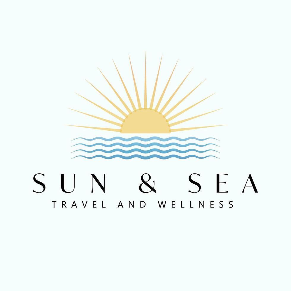 Sun and sea vector logo design. Sunset or sunrise and ocean logotype. Tropical travel logo template.