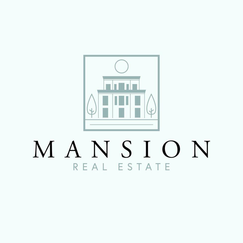 Mansion real estate vector logo design. Modern house and trees abstract logotype. Real estate company logo template.