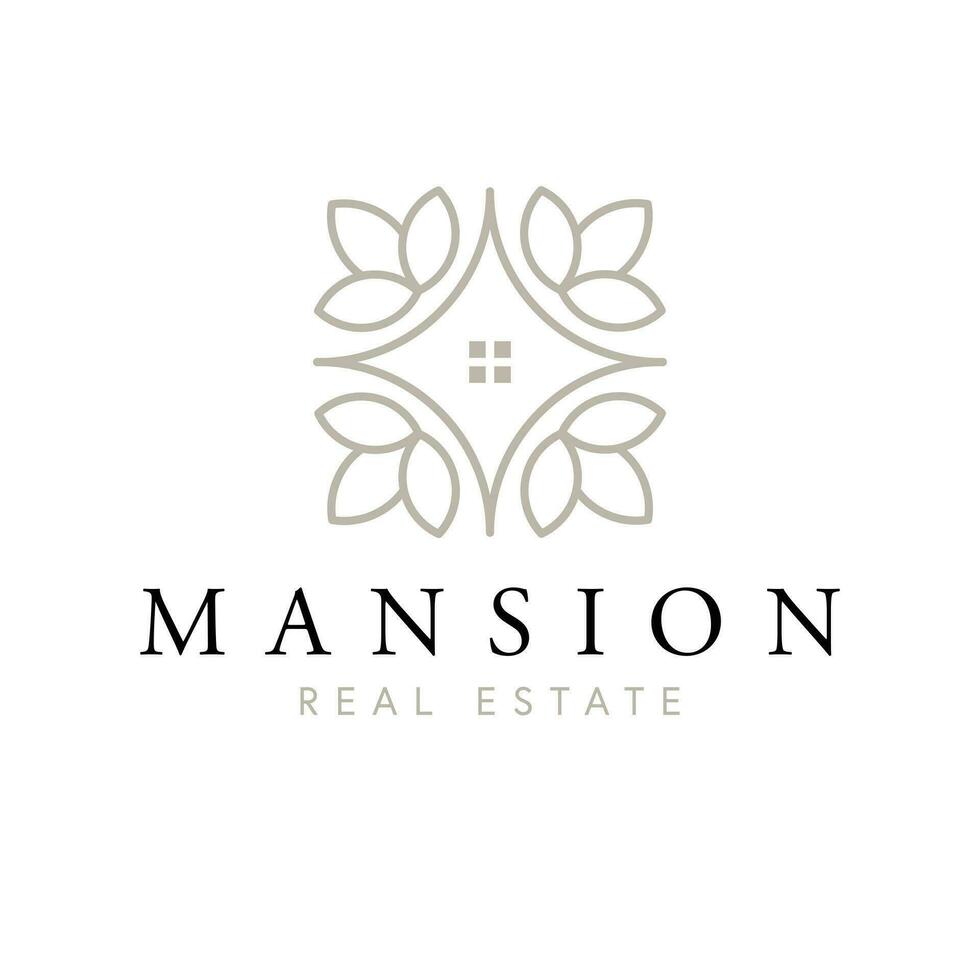 Mansion real estate vector logo design. Abstract house symbol and leaves logotype. Real estate company logo template.