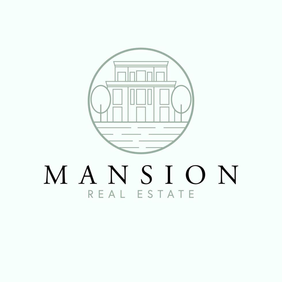 Mansion real estate vector logo design. Modern house and trees abstract logotype. Real estate company logo template.