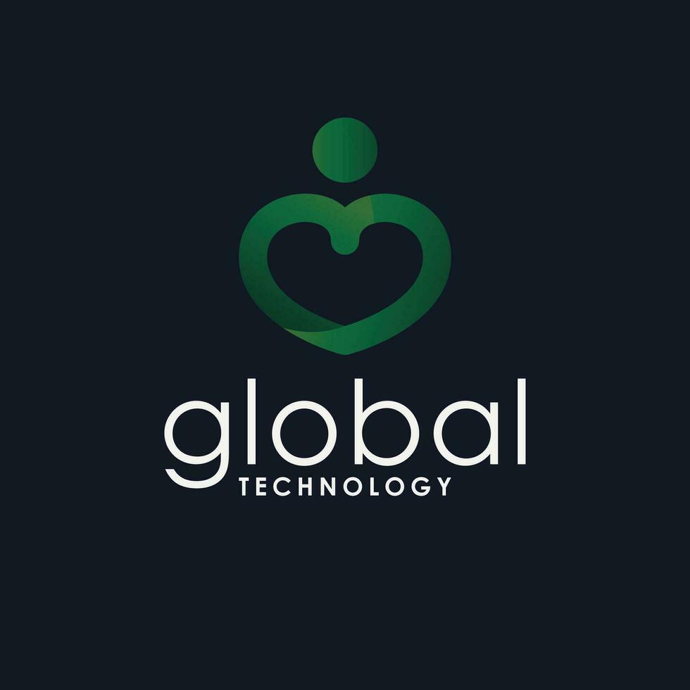 Global technology vector logo design. Heart symbol logotype. Tech logo template.