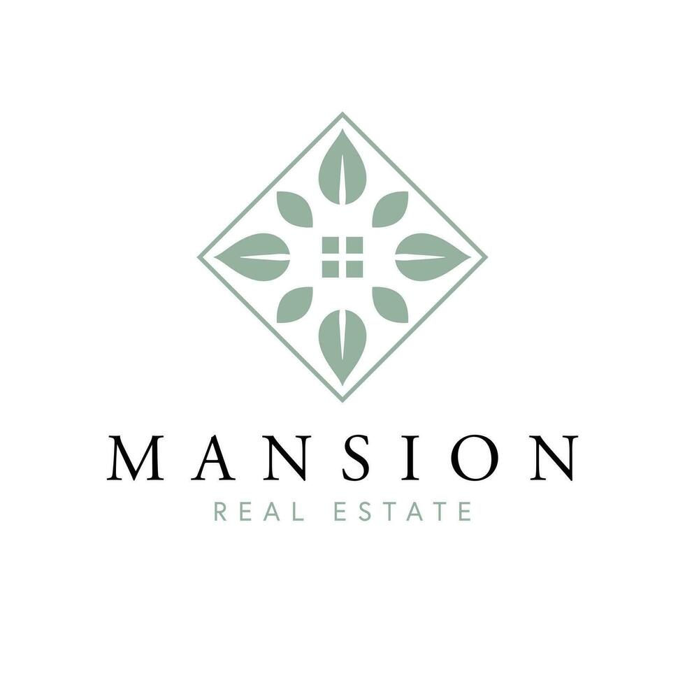 Mansion real estate vector logo design. Abstract house symbol and leaves logotype. Real estate company logo template.