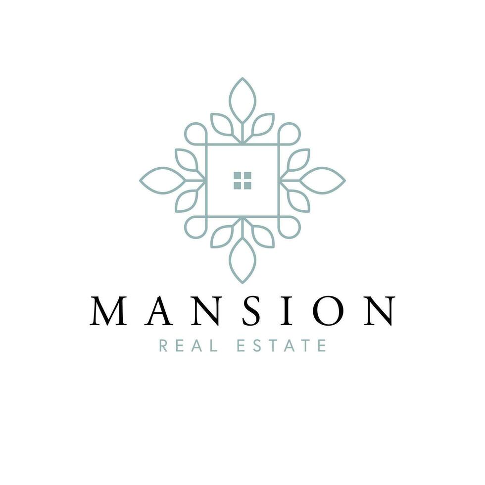 Mansion real estate vector logo design. Abstract house symbol and leaves logotype. Real estate company logo template.