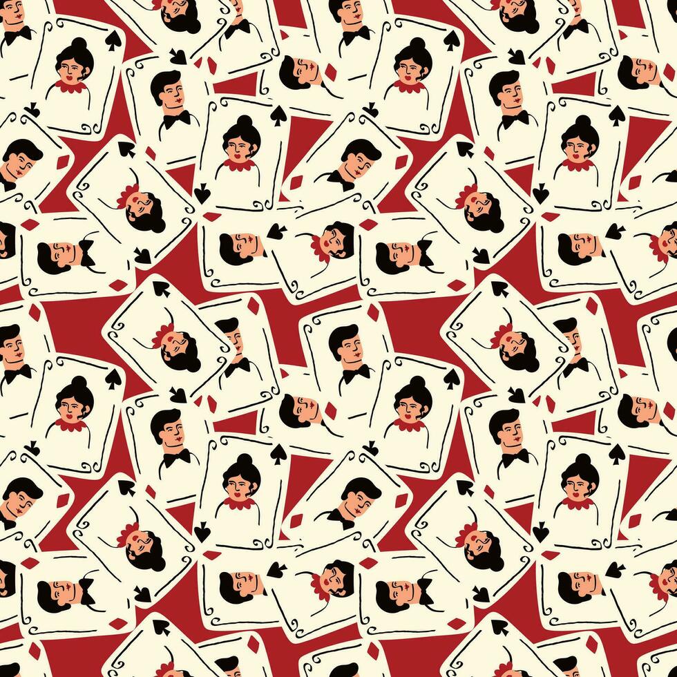 Bright vibrant pattern with Playing cards with Jack and Queen of Spades. vector