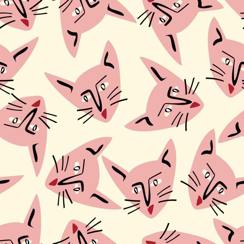 Pattern with kitty with a lovely face. Freaky comic cat face vector
