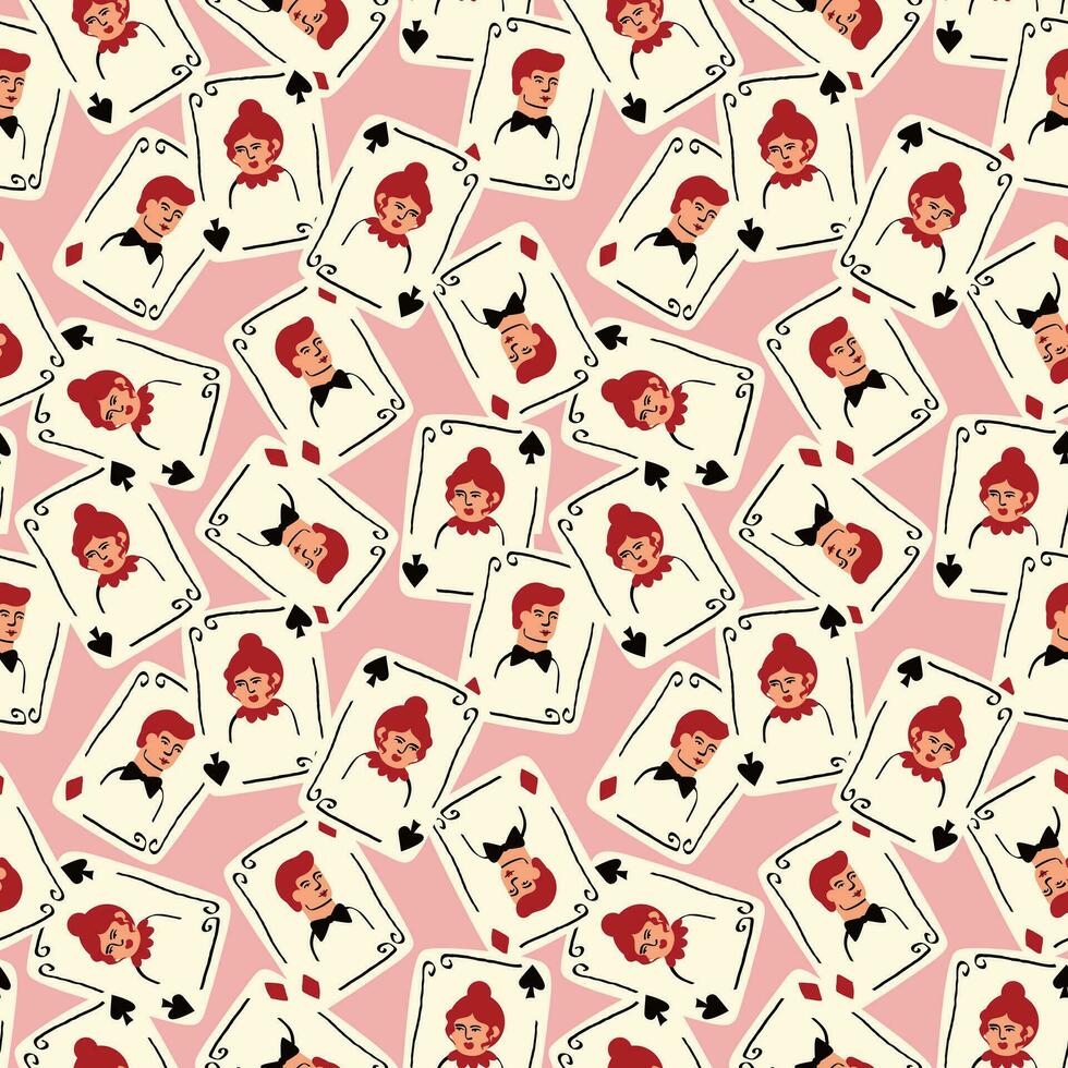 Bright vibrant pattern with Playing cards with Jack and Queen of Spades. vector