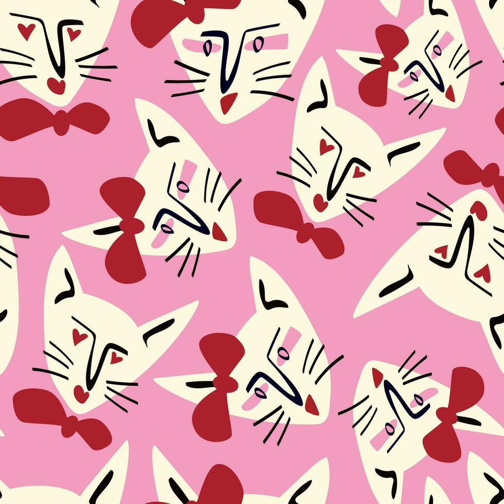 Pattern with lovely kitty. Freaky comic cat face vector