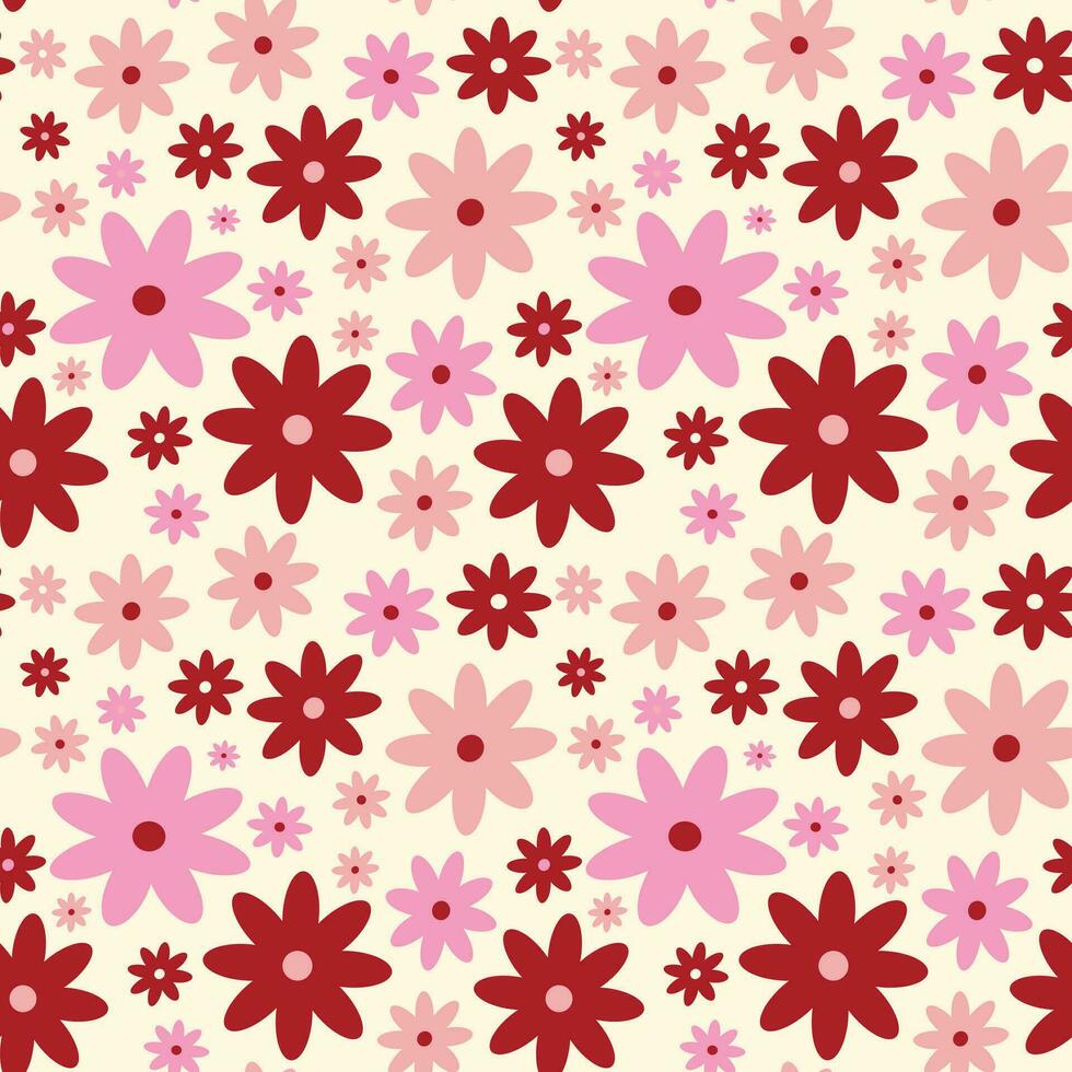 Stylized creative vibrant quirky Retro floral pattern in 60s in bright pink and red juicy colors vector