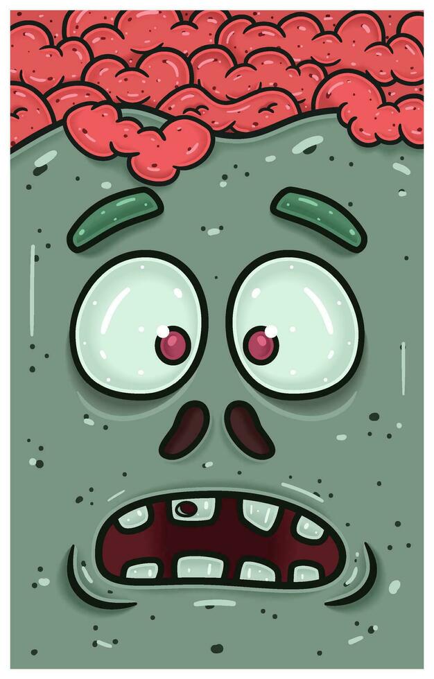 Disbelieving Expression of Zombie Face Character Cartoon. Wallpaper, Cover, Label and Packaging Design. vector