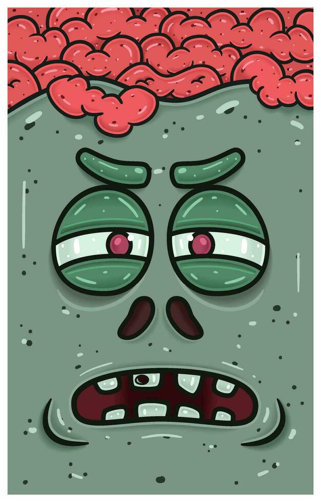 Suspecious Expression of Zombie Face Character Cartoon. Wallpaper, Cover, Label and Packaging Design. vector