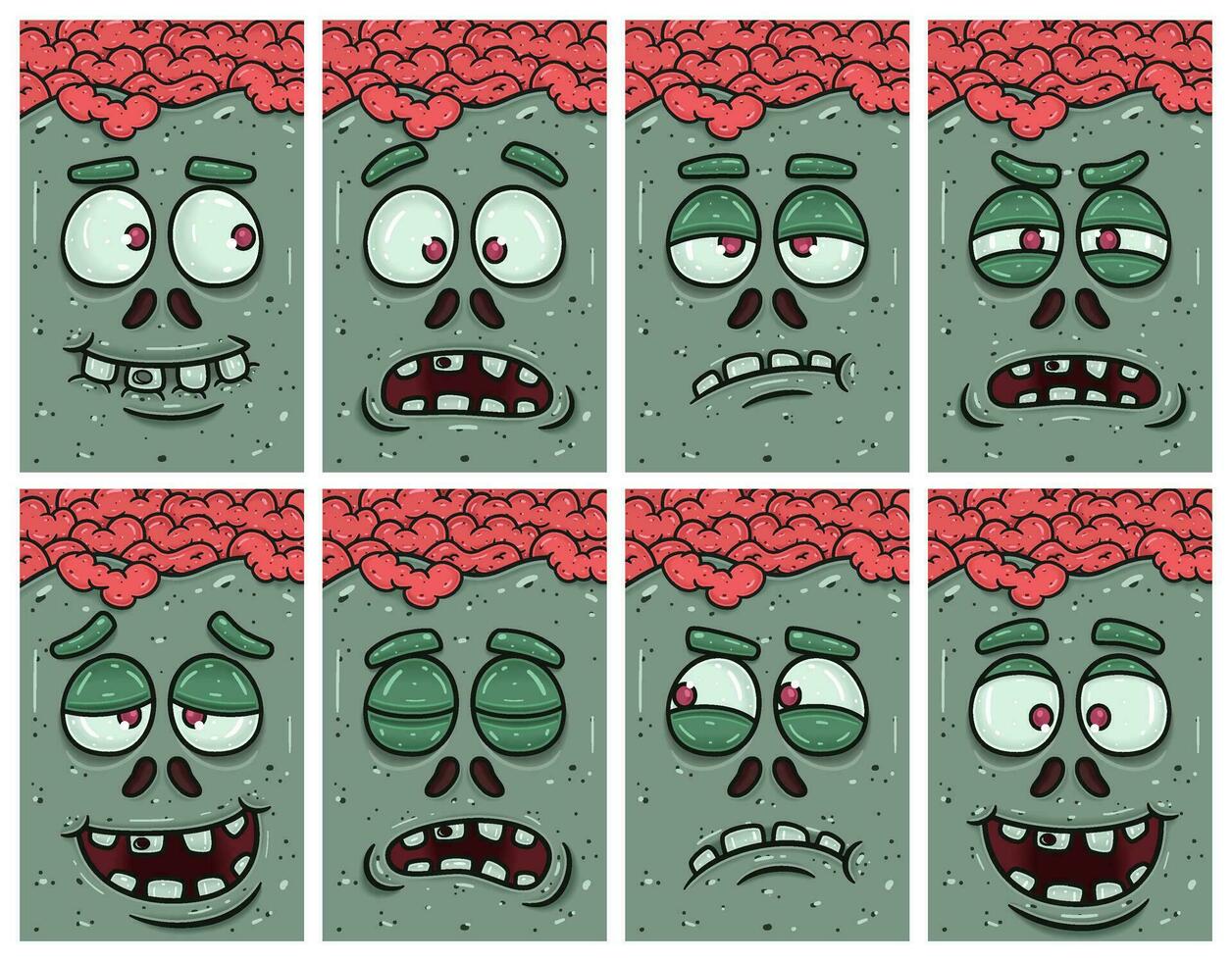 Zombie Face Cartoon Expression Set. Wallpaper, Cover, Label and Packaging Design Set. vector