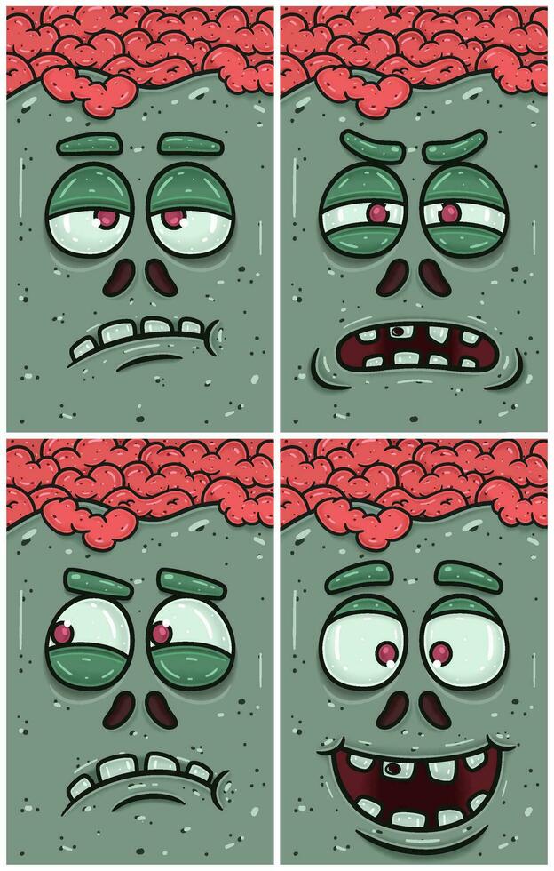 Bored, Suspecious, Jealous And Happy Expression of Zombie Face Character Cartoon. Wallpaper, Cover, Label and Packaging Design Set. vector