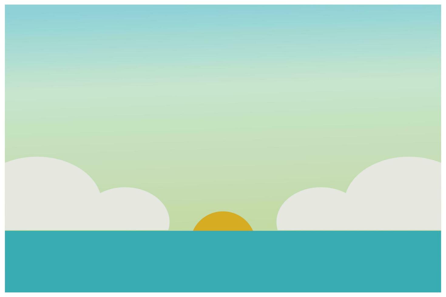 Sunrise over the sea with clouds in the sky, vector illustration. illustration of the sun rising between the clouds on a cool and sunny beach area. Beautiful ocean view