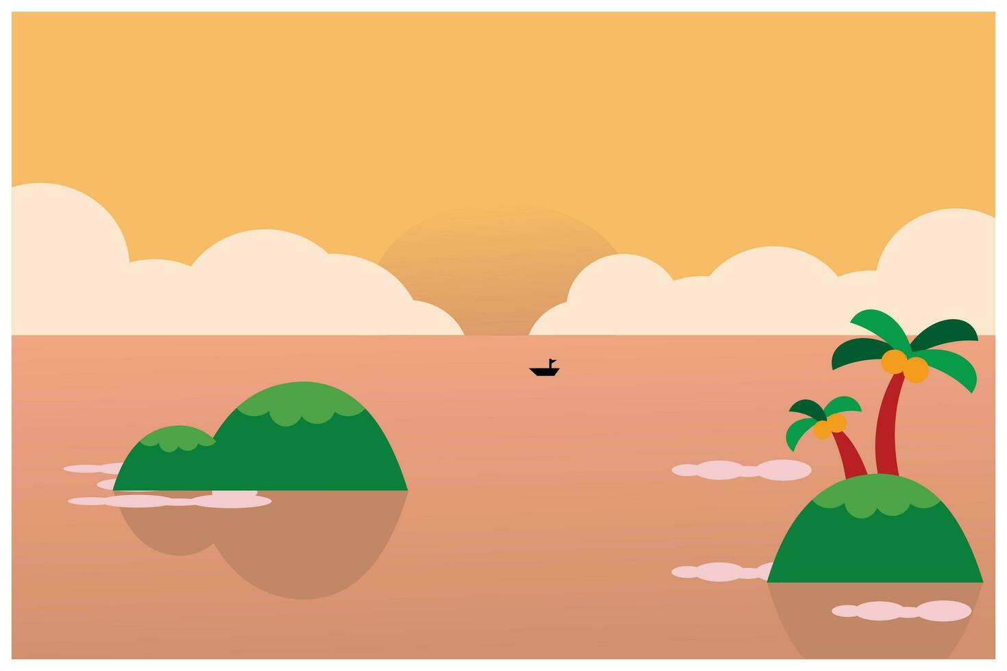beach and sea with palm trees, vector illustration in flat style. Illustration of the vast ocean with clouds and the silhouette of a sunset between the clouds. Ocean with islands and fishermen