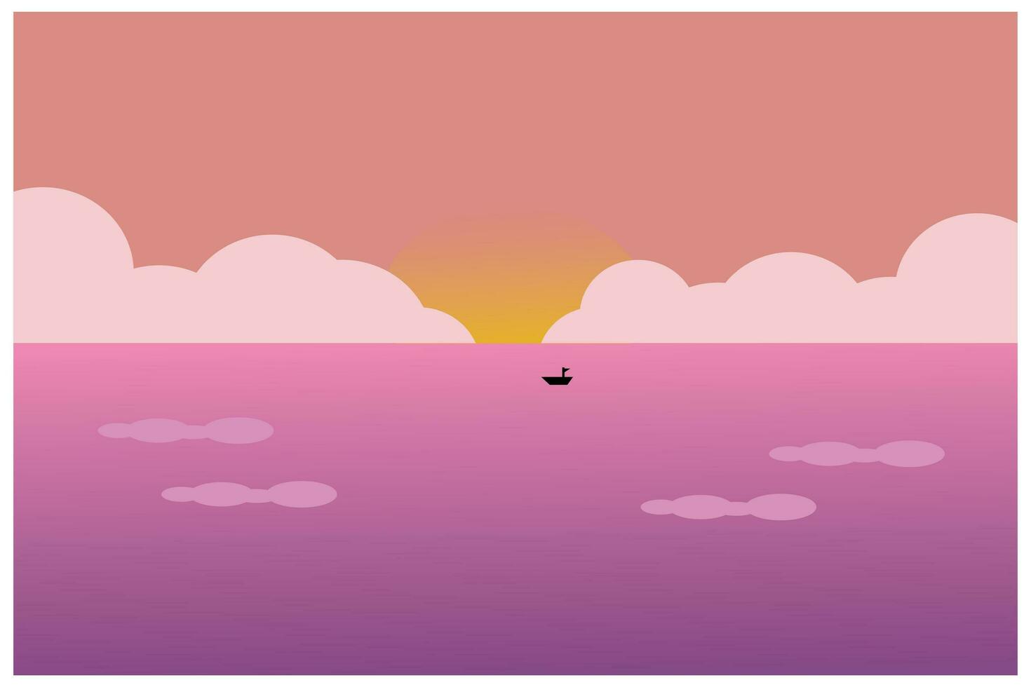 puesta de sol terminado el mar. vector ilustración en plano diseño estilo. un ilustración de un puesta de sol ver a mar es un silueta de un pescar barco navegación dentro el Oceano a encontrar pez.