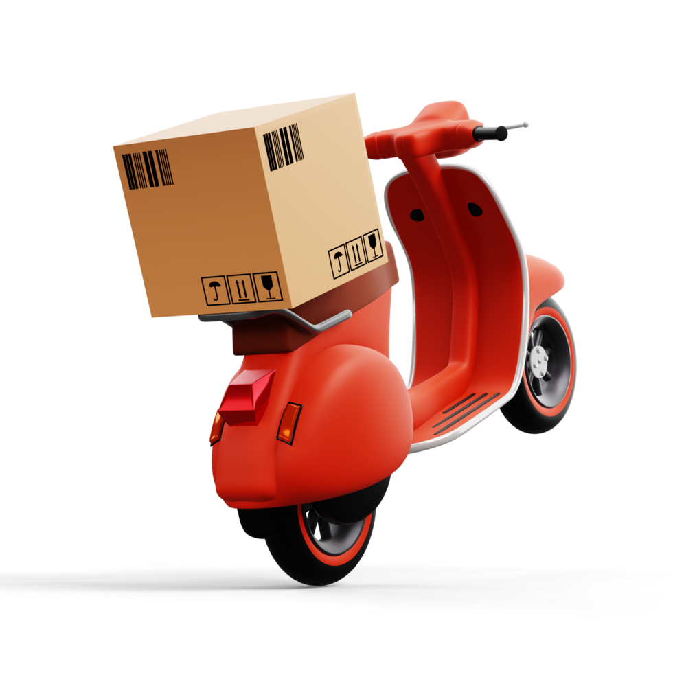 Motorrad mit Paket Kasten, Lieferung Kurier Service, 3d Rendern png