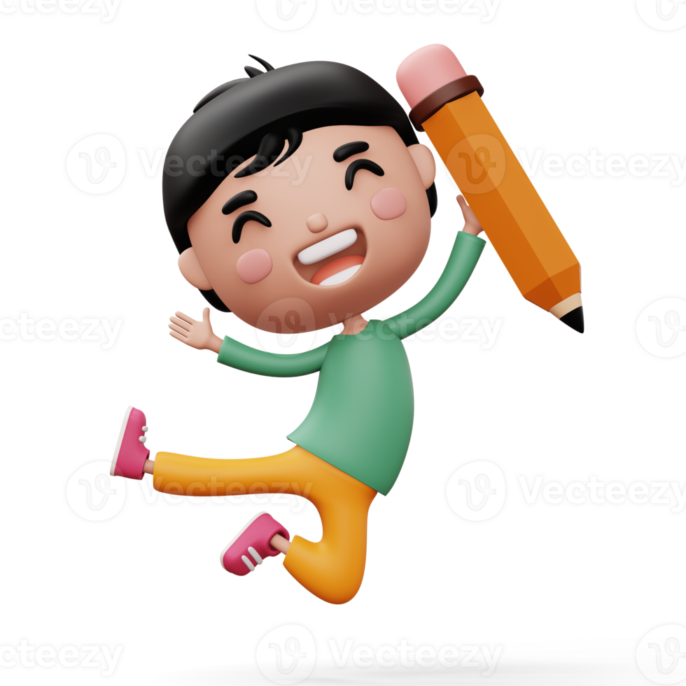 Happy child with pencil, cute boy cartoon character, 3d rendering png