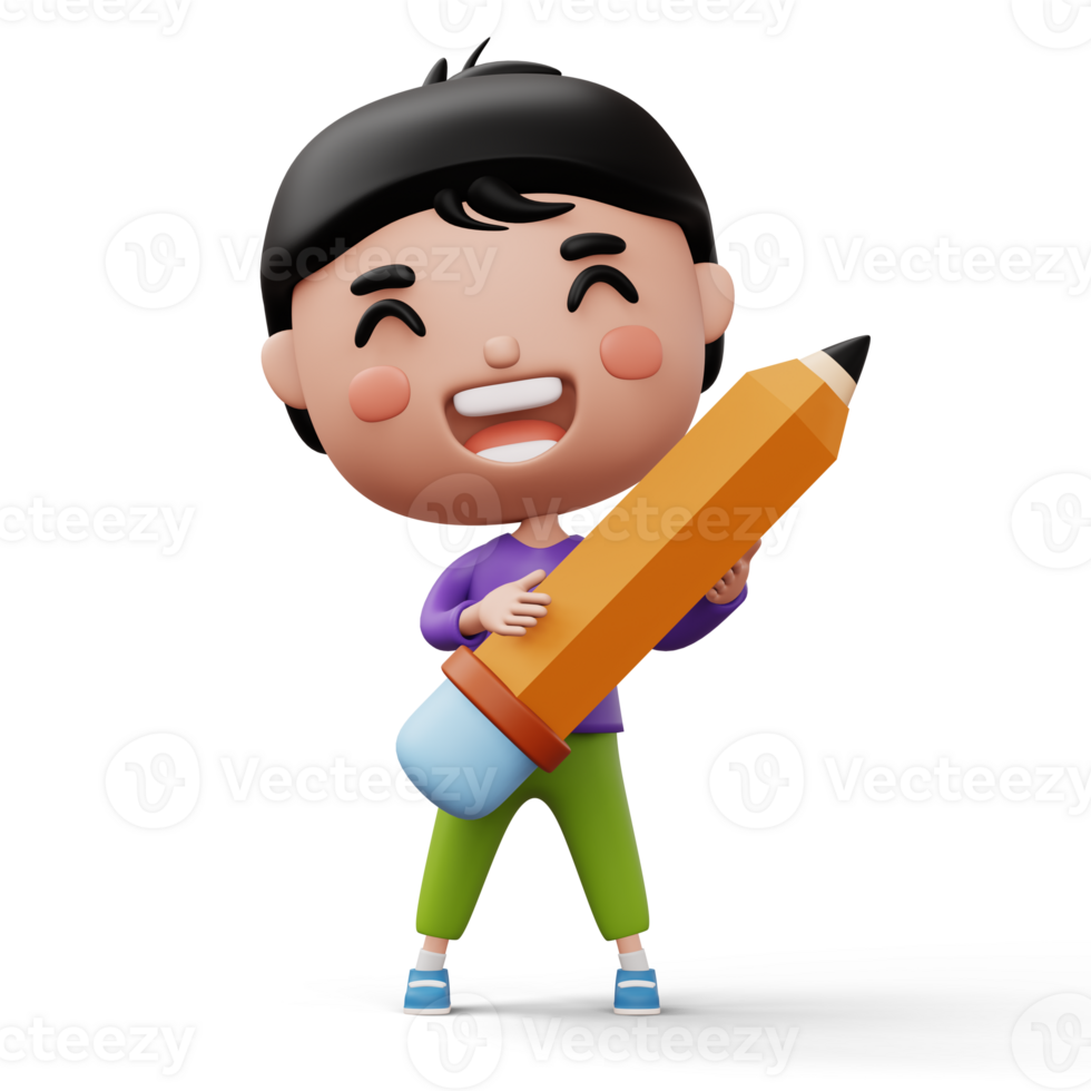 Happy child with pencil, cute boy cartoon character, 3d rendering png